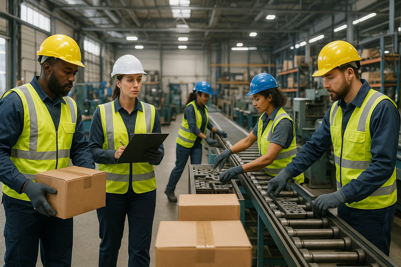 Kékgalléros munkalehetőségek modern, biztonságos ipari környezetben dolgozó szakemberekkel.