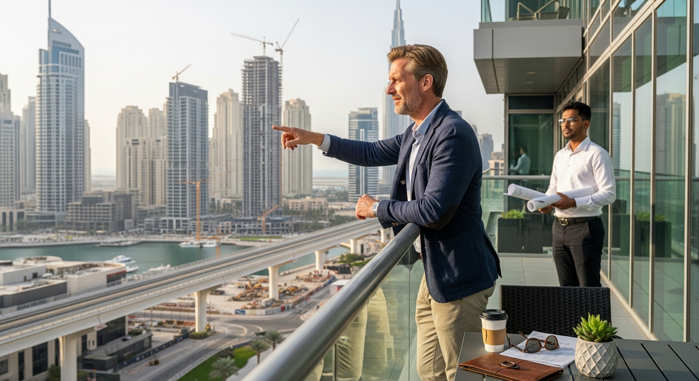 dubaji ingatlanbefektetés: befektető erkélyen tanácsadóval, kilátás vízparti fejlesztésekre