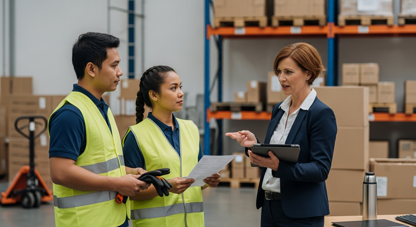Filippinó vendégmunkások HR-vezetővel raktárban tabletet áttekintve