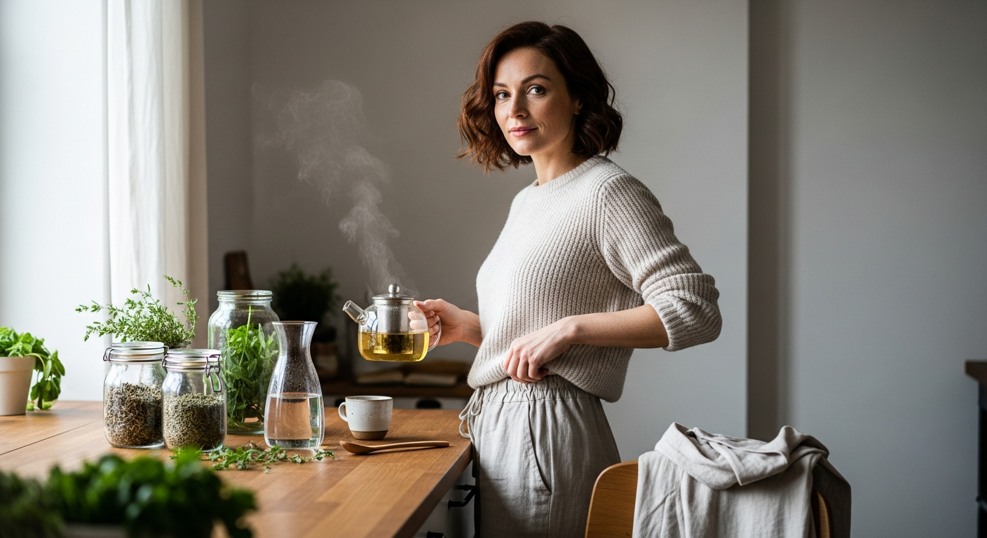 Nő készít gyógynövényes teát luteális fázis önápolásához