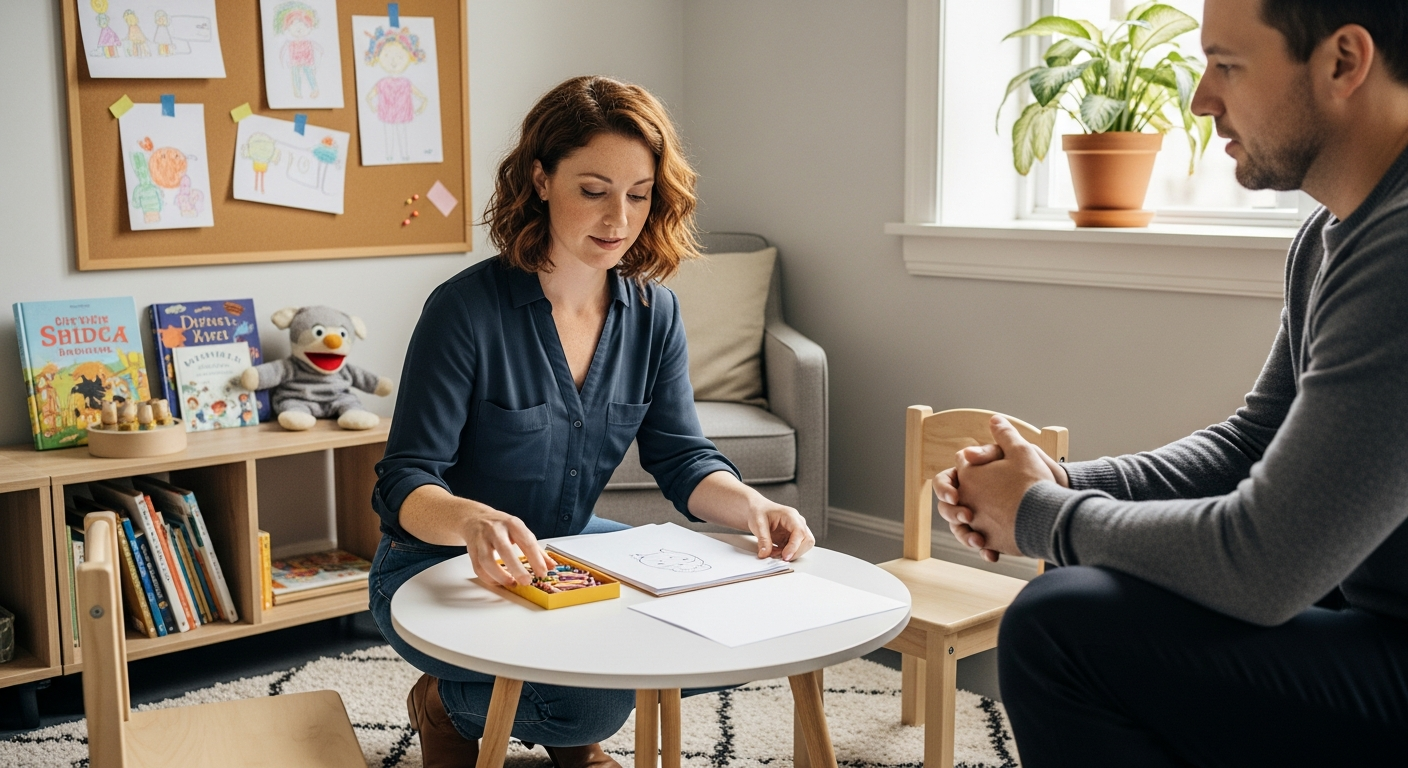 pszichológiai tanácsadás gyermekeknek — terapeuta előkészíti rajzeszközöket, szülő figyel